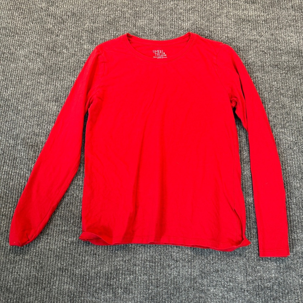 Time and Tru Essential Long Sleeve Tee Small Red Solid Cotton Blend Crewneck
